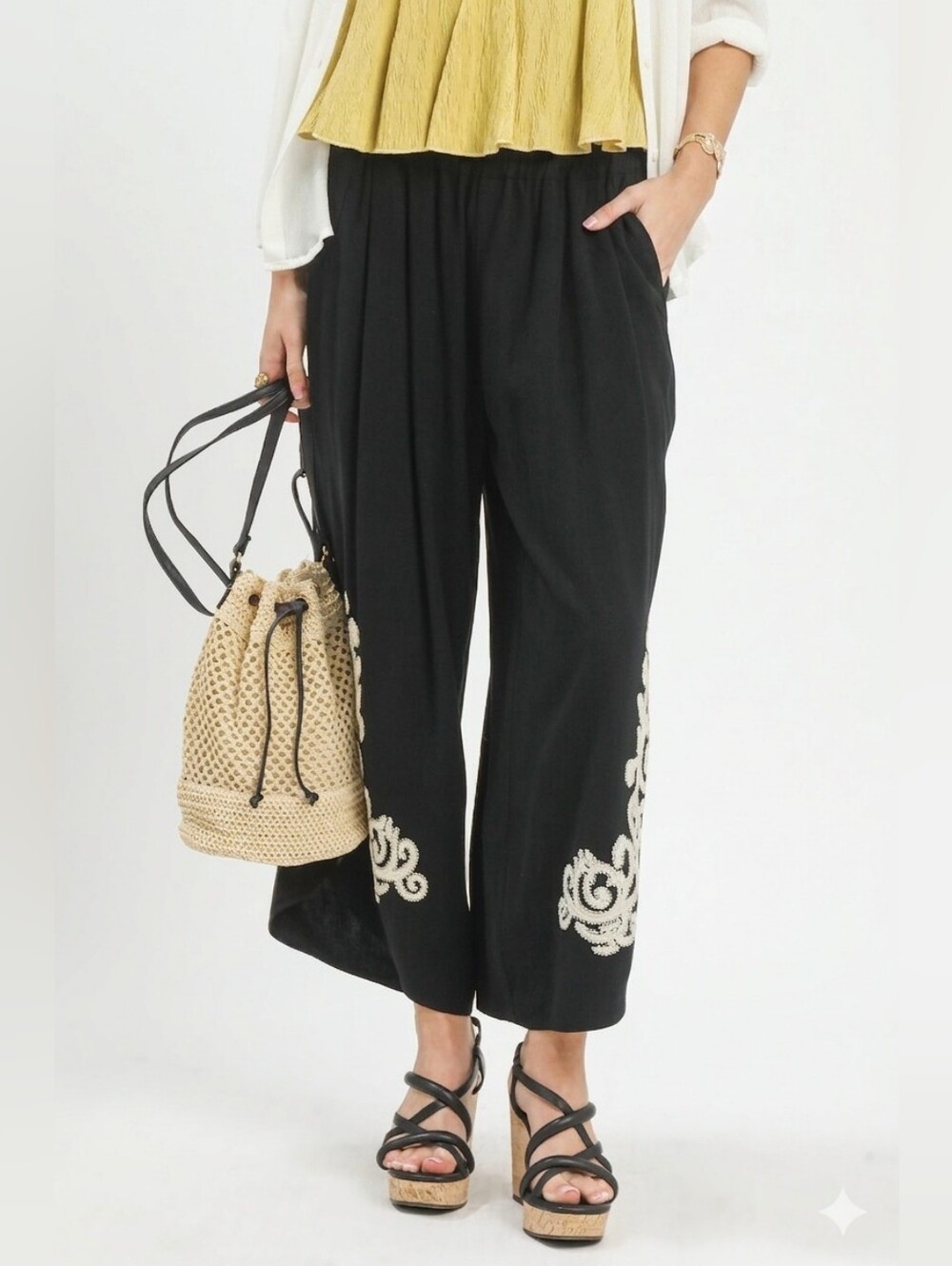 Umgee Linen Embroidered Wide-Leg Boho Pants- Hit The Like  Button For Sale Price